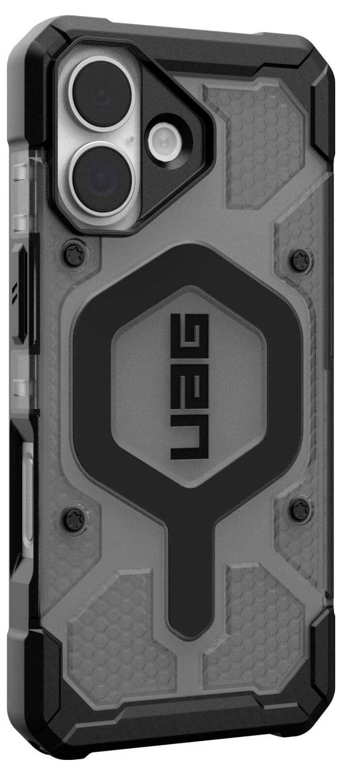 Eine robuste Handyhülle mit geometrischem Muster und Ausschnitt für eine Dual-Kamera, entwickelt für verbesserten Schutz und Langlebigkeit.