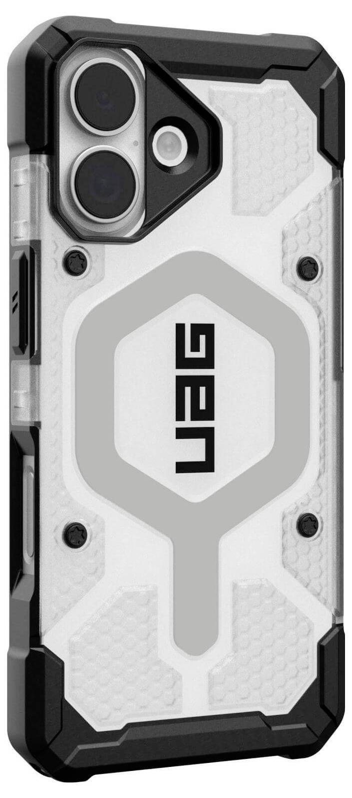 Robustes Handyhülle mit einer klaren, strukturierten Rückseite und schwarzen Eckenverstärkungen mit einem auffälligen 'UAG' Logo in der Mitte.