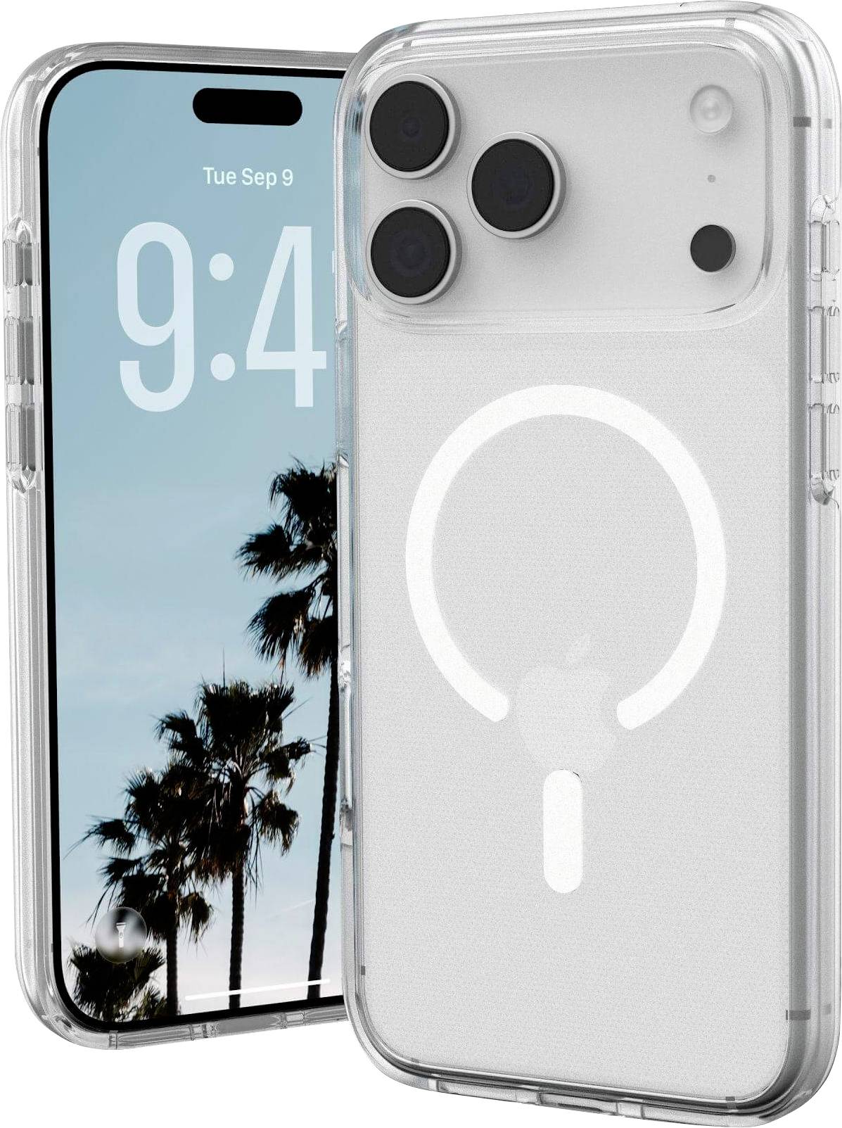 Ein Smartphone mit einer transparenten Hülle, das drei Rückkameras und ein weißes kreisförmiges Design zeigt, platziert vor einem anderen Telefon, das '9:41' und Palmen anzeigt.