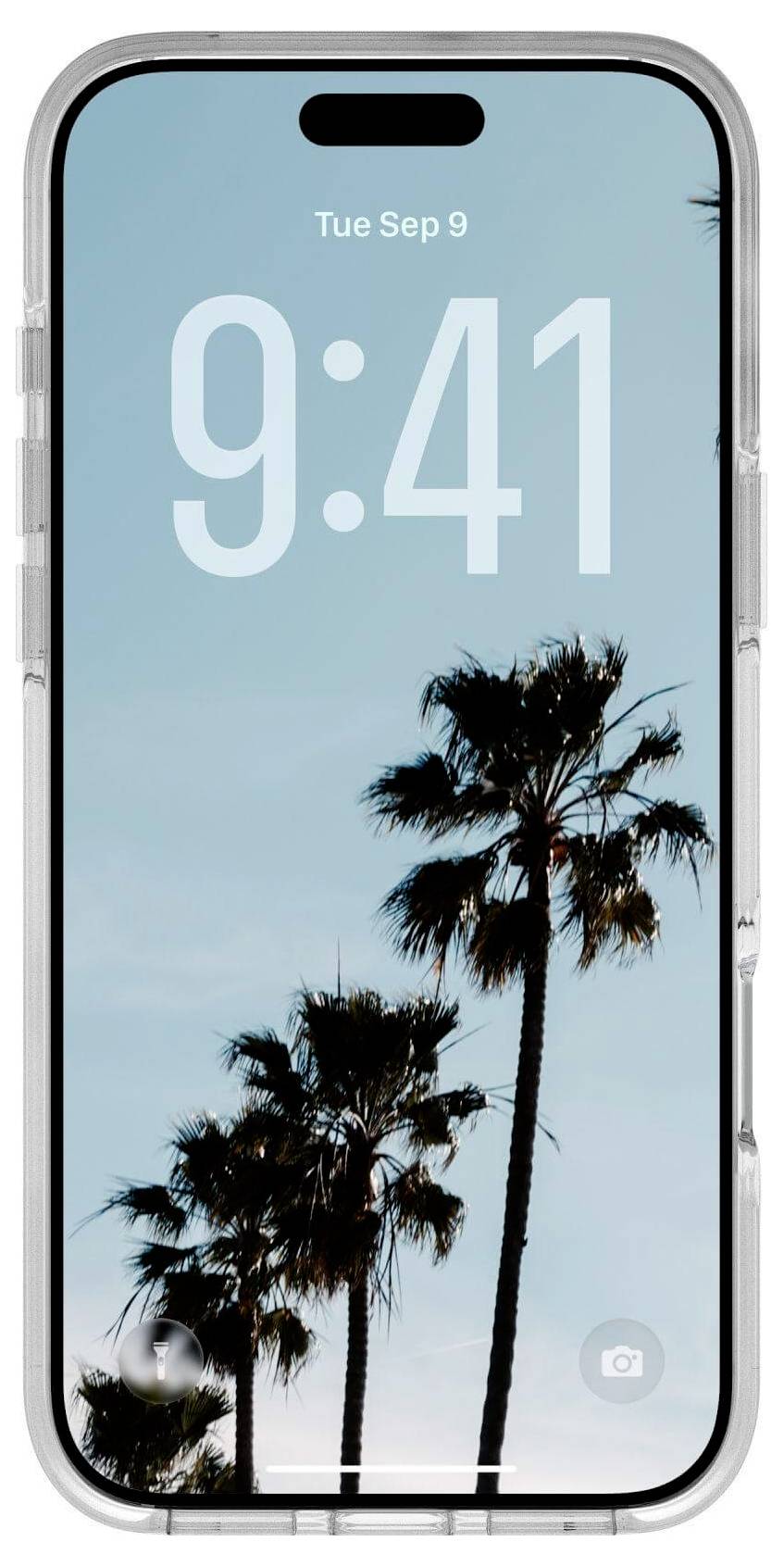 Ein Smartphone zeigt ein Hintergrundbild mit hohen Palmen vor einem blauen Himmel, wobei die Zeit '9:41' und das Datum 'Di Sep 9' oben angezeigt werden.