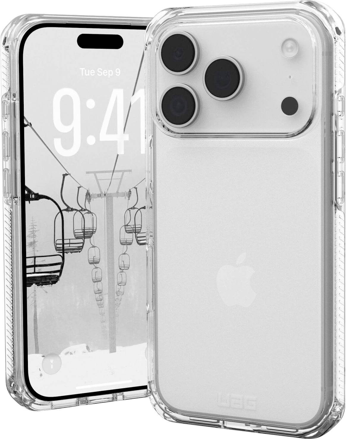 Ein Smartphone mit einer durchsichtigen Hülle wird gezeigt, wobei die Rück- und Vorderseite sichtbar sind. Auf dem Bildschirm ist eine verschneite Sesselbahn und die Uhrzeit 9:41 zu sehen.