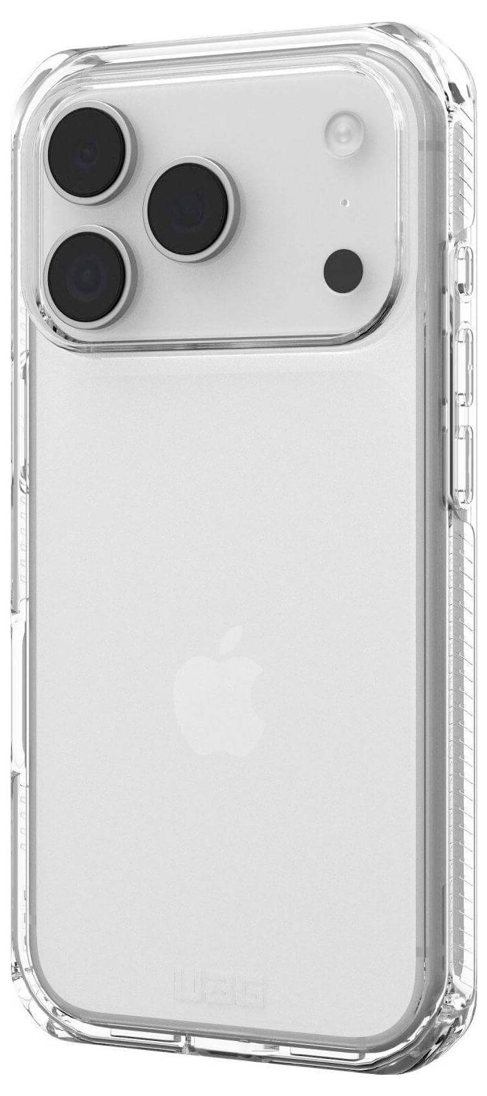 Ein Smartphone mit einer durchsichtigen Schutzhülle wird gezeigt, das drei Kameras und ein Apple-Logo auf der Rückseite aufweist.