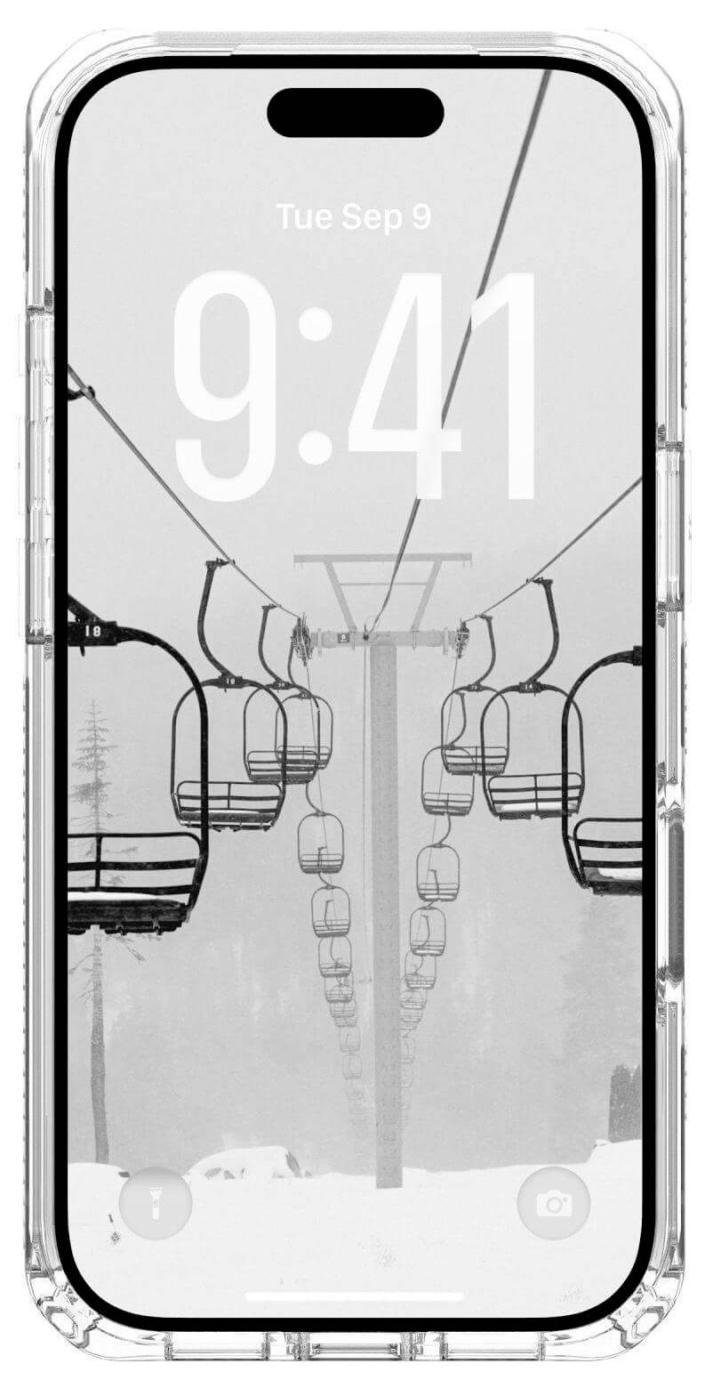 Ein Smartphone-Bildschirm zeigt ein Graustufen-Bild von leeren Sesselliftstühlen auf einem schneebedeckten Berg, mit der Zeit '9:41' und dem Datum 'Di. 9. Sep'.