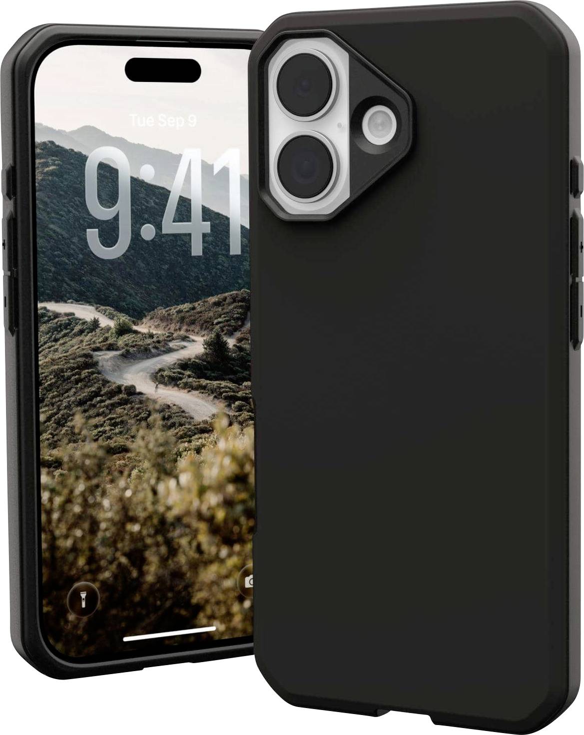 Ein Smartphone mit einem robusten schwarzen Gehäuse, das vor einem anderen Telefon positioniert ist, das eine malerische Bergstraße als Hintergrund zeigt.