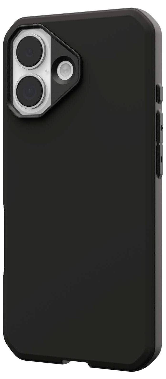 Ein schwarzes Smartphone-Gehäuse mit zwei Kameraausschnitten und einem strukturierten Griff an der Seite.