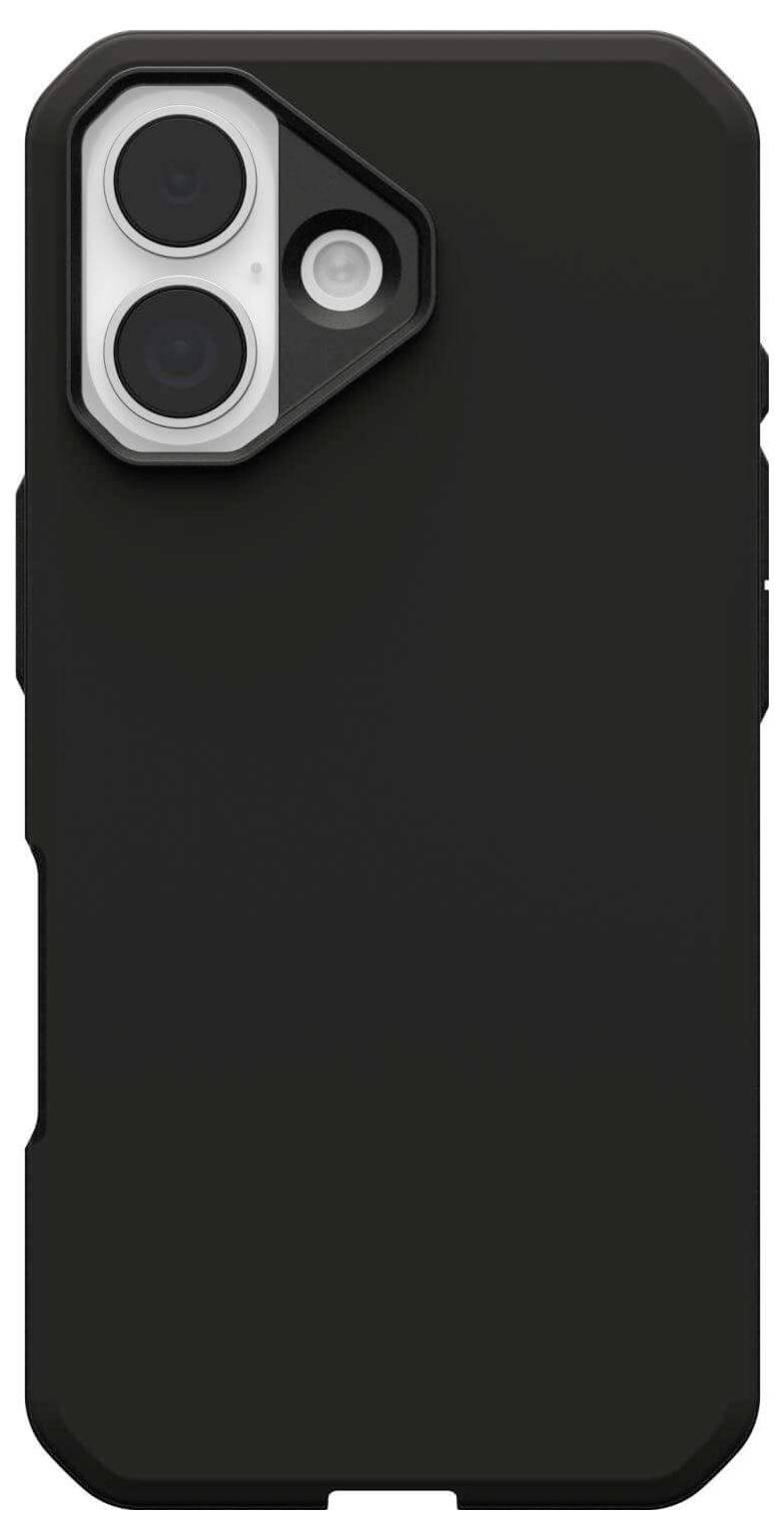 Eine schwarze Handyhülle mit Ausschnitten für Dual-Kameras und einen Blitz. Die Hülle hat ein robustes Design, das Schutz und Langlebigkeit bietet.