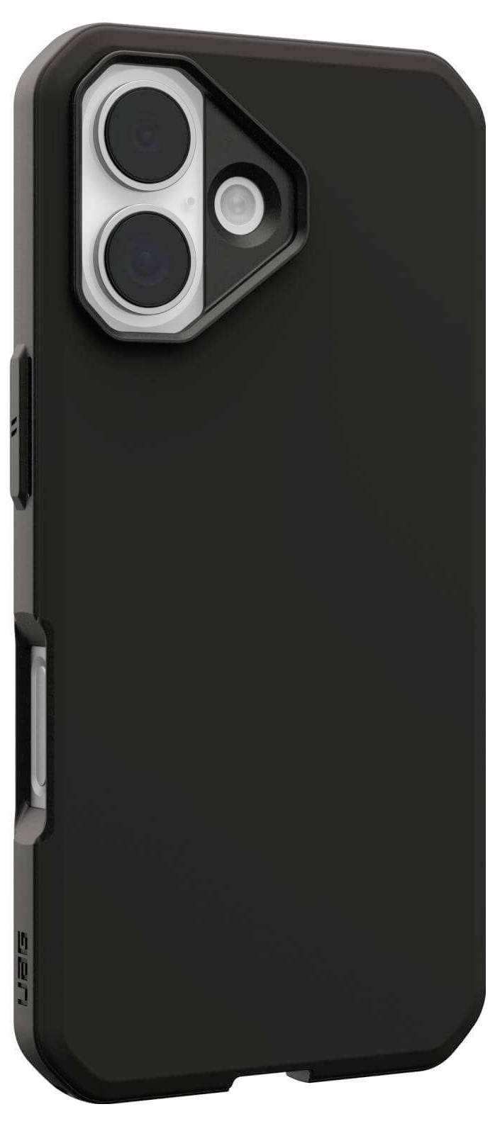 Eine schwarze Handyhülle mit matter Oberfläche, entwickelt für ein Gerät mit Dual-Kamera-Setup und Blitz, mit einer Aussparung für Tasten.