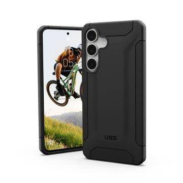 Zwei schwarze Handyhüllen für Samsung Galaxy S23, die ein robustes Design präsentieren. Eine Hülle zeigt einen Bildschirm mit einem Radfahrer, der einen Trick vorführt.