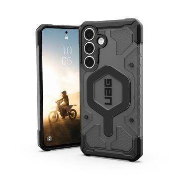 Ein robustes Smartphone-Gehäuse steht aufrecht und zeigt ein Telefon mit einem Motorradfahrer-Bild auf dem Bildschirm. Das Gehäuse verfügt über verstärkte Ecken.