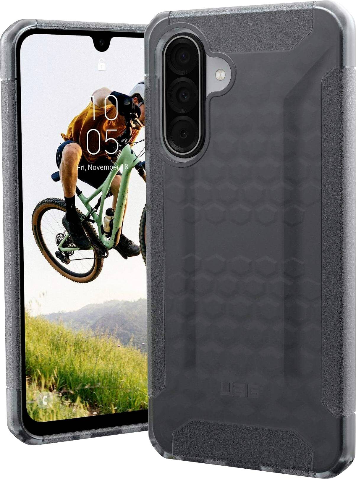 Ein Telefon mit einem sichtbaren robusten Gehäuse und einem Display, das einen Radfahrer zeigt, der in einem Grasgebiet einen Sprung ausführt.
