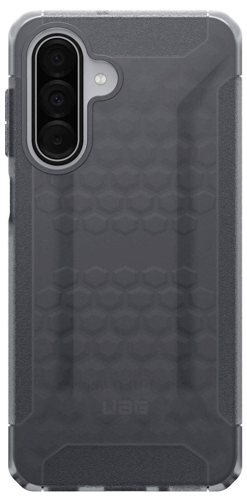 Ein Smartphone mit einer transparenten, hexagonal gemusterten Schutzhülle, die die Rückkamera und seitliche Tasten freilegt.