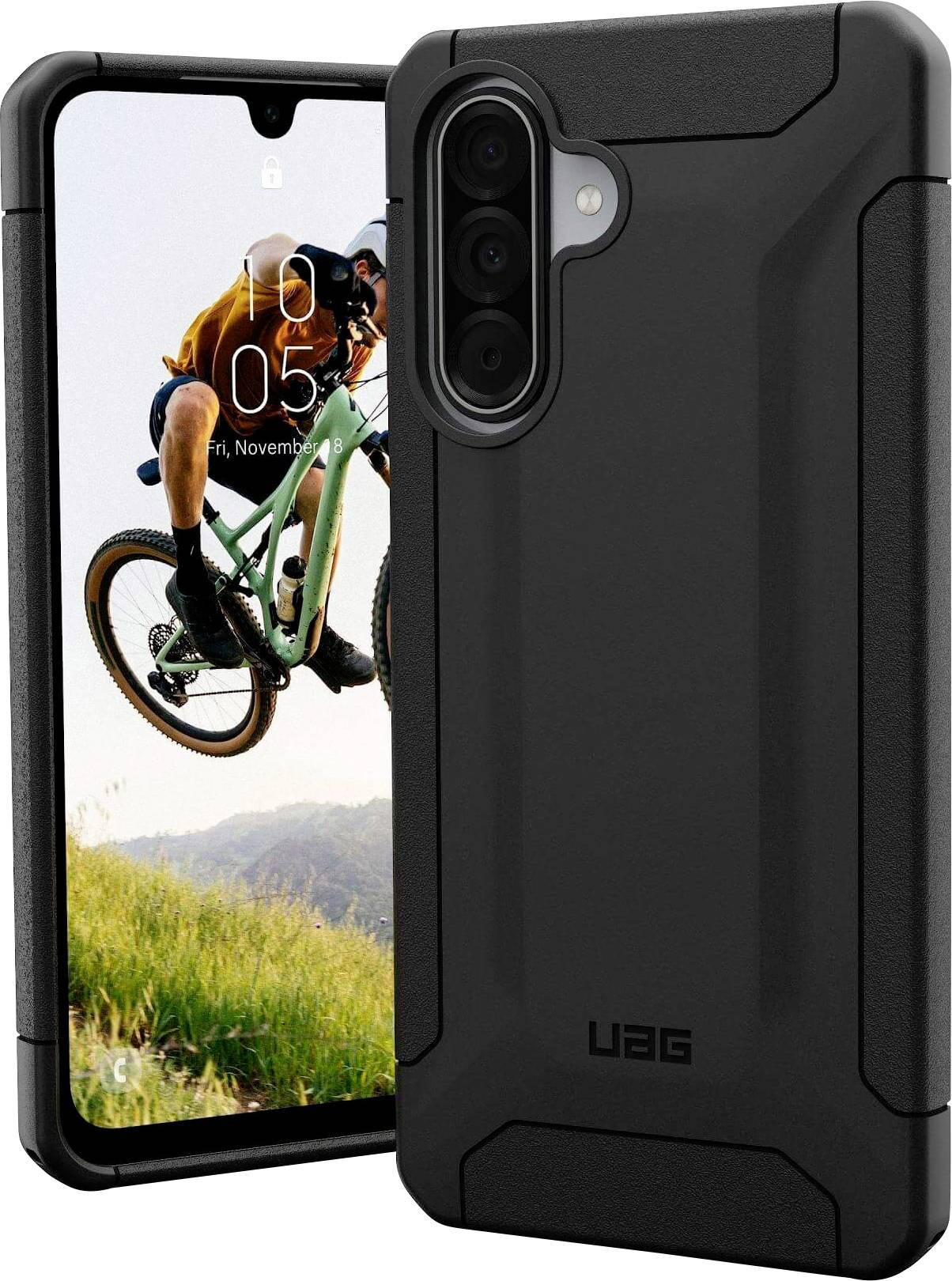 Ein robustes schwarzes Handyhülle mit einem Smartphone darin zeigt einen Radfahrer, der einen Sprung auf einem grasbewachsenen Hügel ausführt.