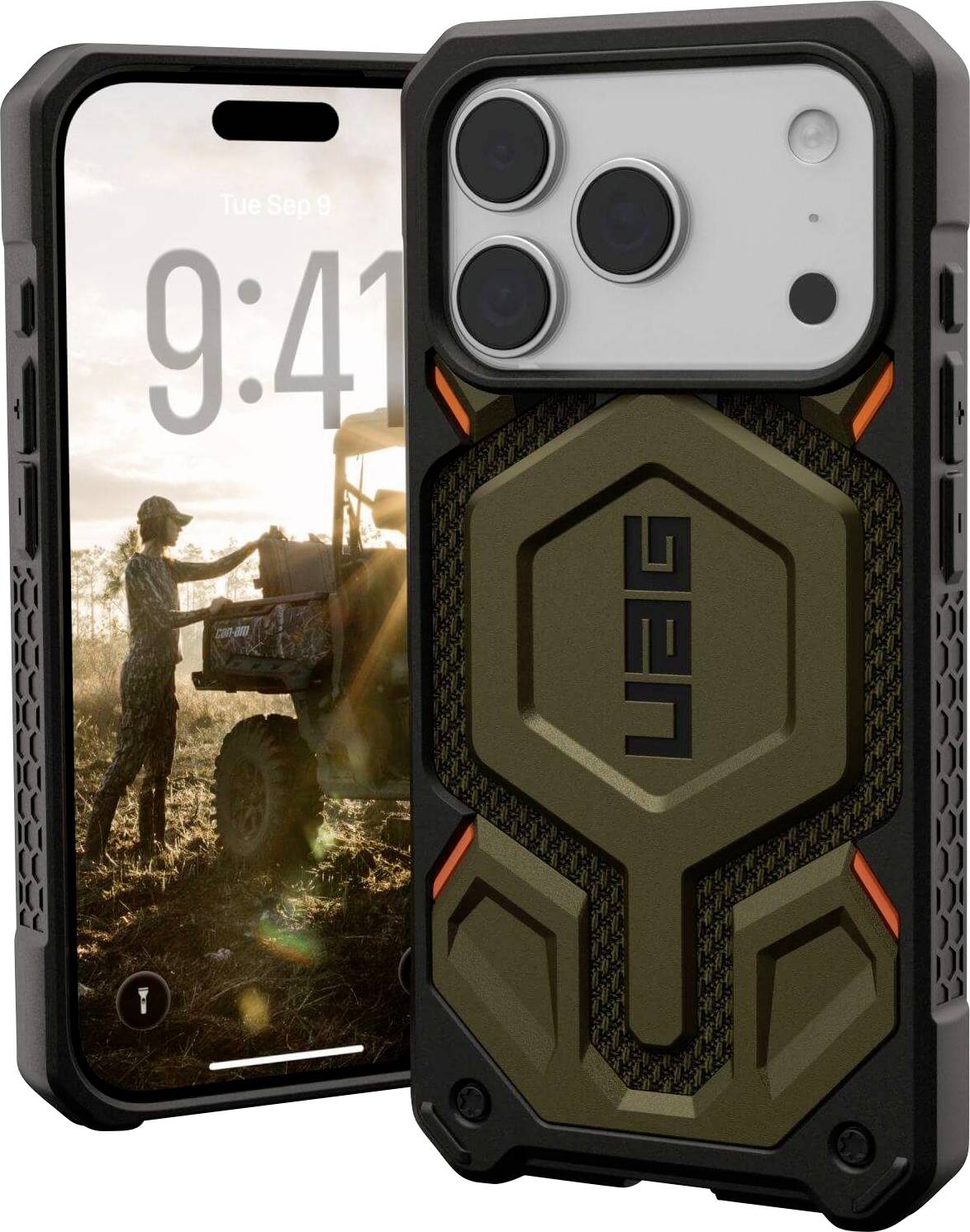 Ein robustes Telefon-Etui mit metallischem Design passt zu einem iPhone. Der Telefonbildschirm zeigt einen Cowboy neben einem Traktor vor einer Sonnenuntergangskulisse.