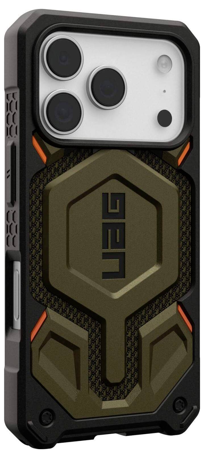 Ein robustes schwarzes und braunes Handyhülle mit sechseckigen Designs, die die Rückseite eines Smartphones mit drei Kameraobjektiven und dem UAG-Logo zeigt.