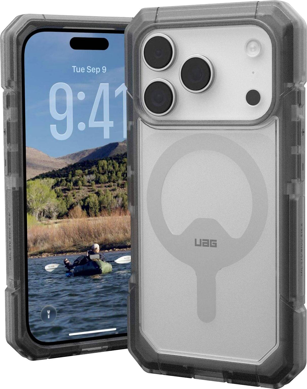 Ein robustes, transparentes Handycase wird neben einem Smartphone präsentiert, das einen Kajakfahrer auf einem friedlichen See mit Bergen im Hintergrund zeigt.