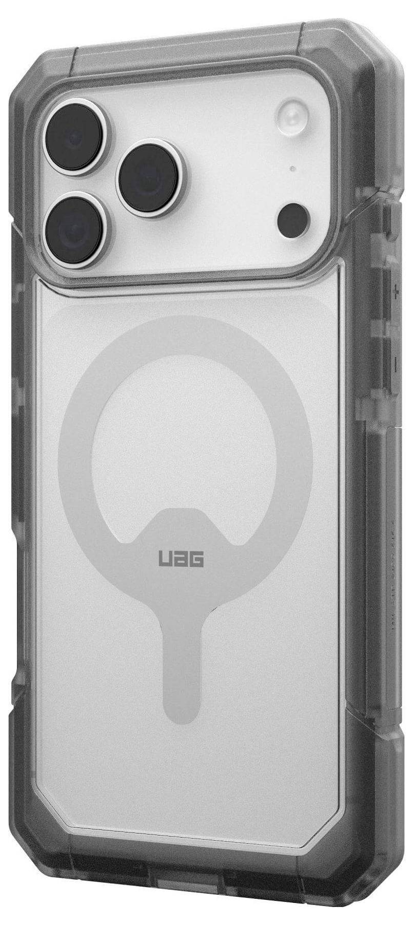 Eine transparente Handyhülle mit verstärkten Kanten, die drei Kameraobjektive zeigt und auf der Rückseite einen kreisförmigen MagSafe-Bereich aufweist.