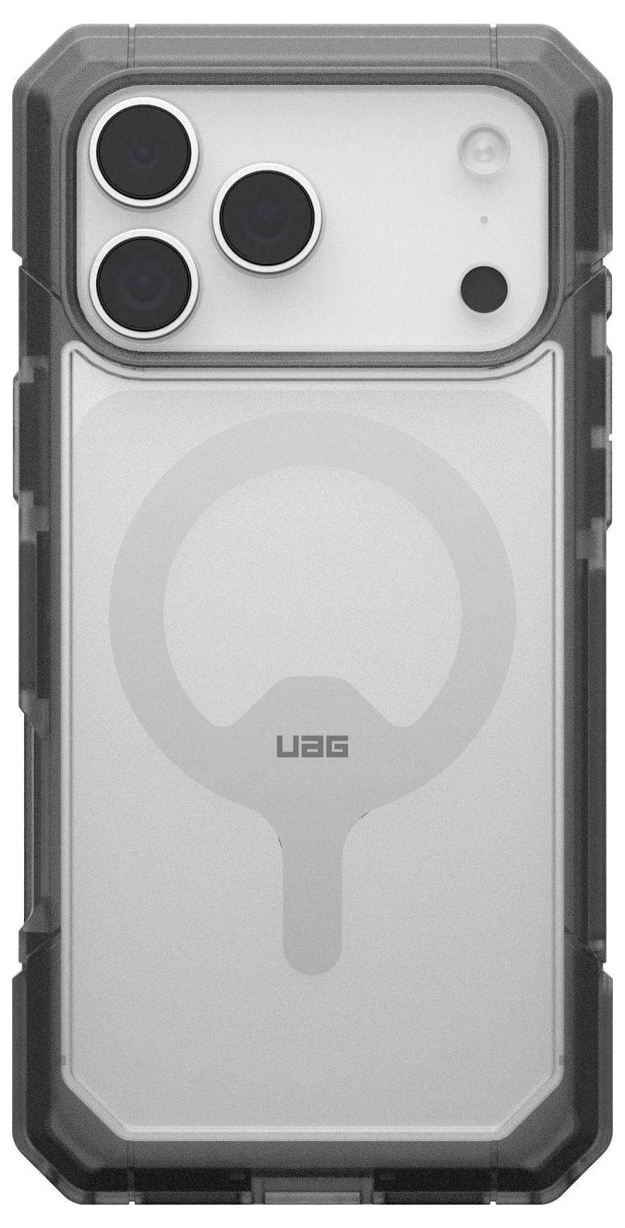 Ein Smartphone in einem robusten UAG Schutzgehäuse, das drei hintere Kameraobjektive und MagSafe-Kompatibilität zeigt, vor einem weißen Hintergrund.