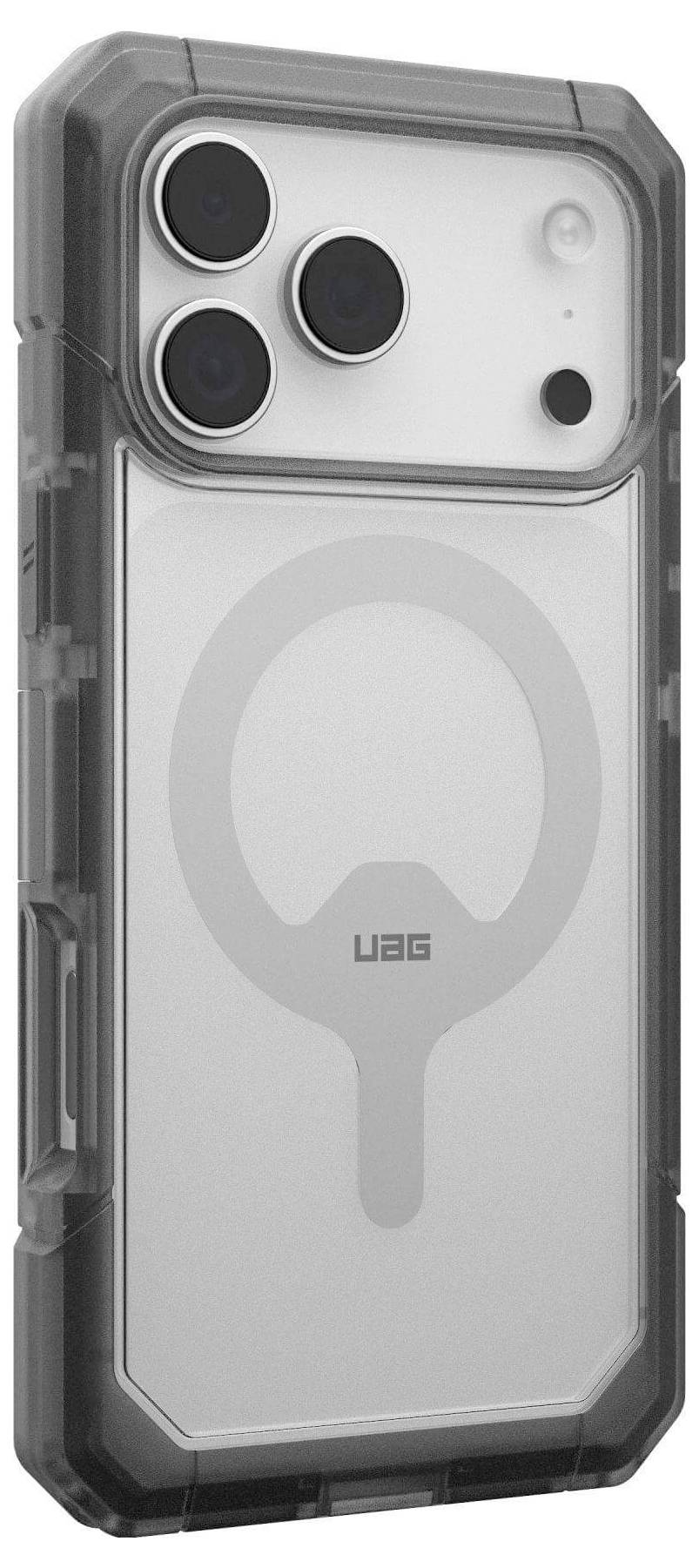 Eine transparente Schutzhülle für ein Smartphone, die seine Kameraobjektive und das Markenlogo 'UAG' in der Mitte auf der Rückseite zeigt.