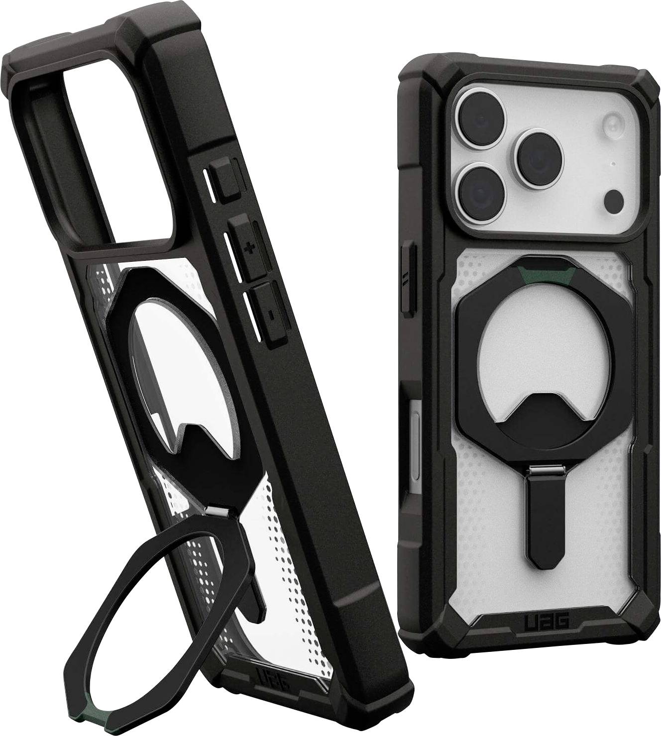 Zwei schwarz-weiße Handyhüllen mit Ringhaltungen, entworfen für iPhones. Eine Hülle wird mit einem abgenommenen Ringhalter gezeigt.