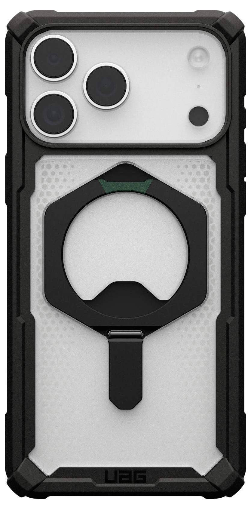 Ein Smartphone mit einem robusten schwarzen Gehäuse, das einen kreisförmigen Ringhalter auf der Rückseite zum Greifen und Positionieren besitzt.