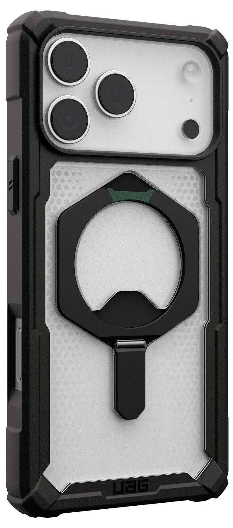 Eine robuste Handyhülle mit einem sechseckigen Muster, die drei Kameraobjektive und einen schwarzen Ringständer auf der Rückseite aufweist.
