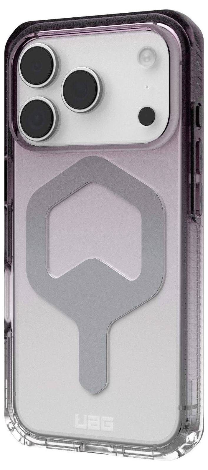 Smartphone mit einer transparenten, violett getönten Schutzhülle, die eine auffällige Kameraaussparung und ein geometrisches Design auf der Rückseite aufweist.