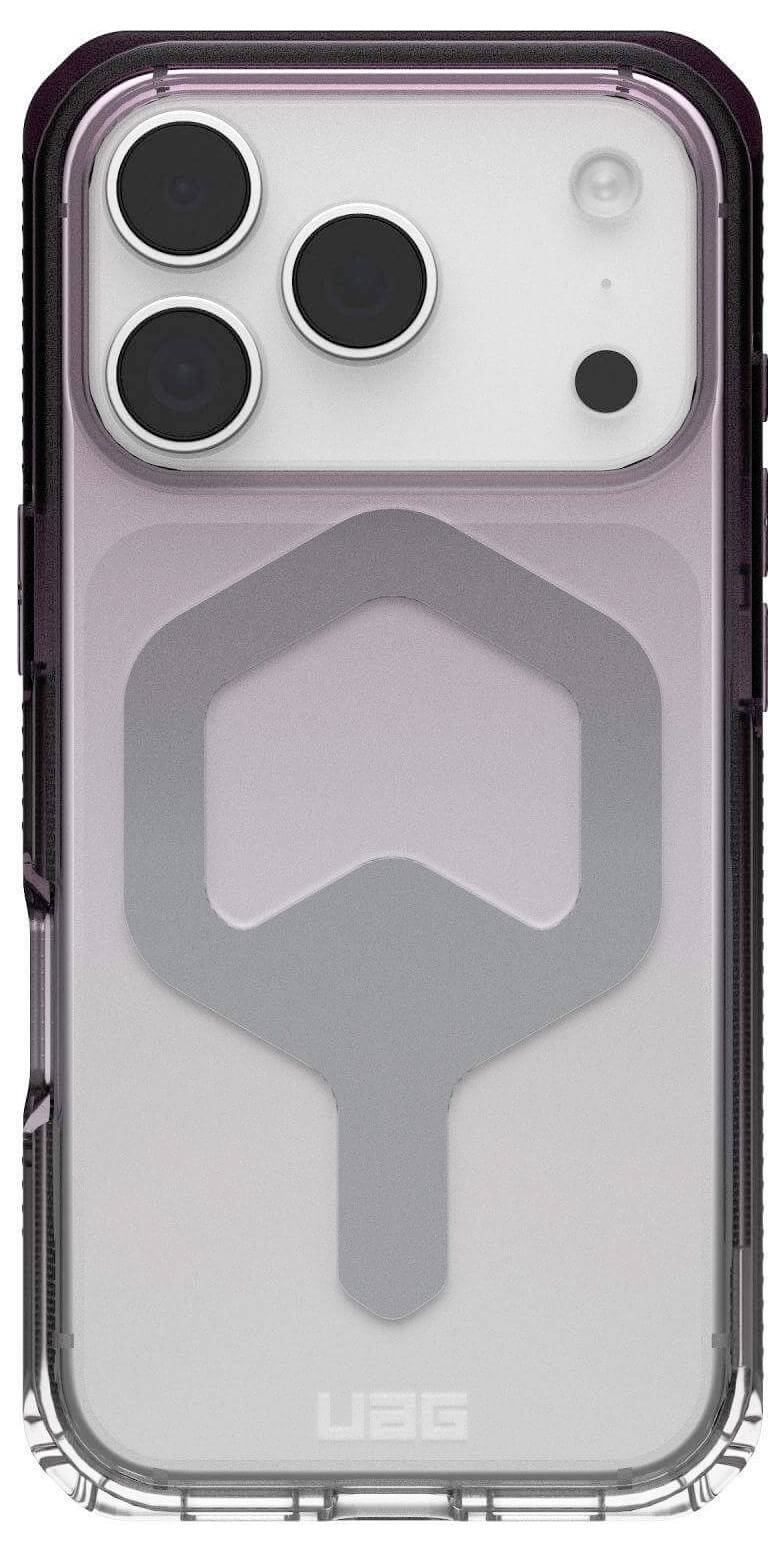 Ein Smartphone mit drei Kameraobjektiven ist in einem transparenten Schutzgehäuse mit einem geometrischen Design auf der Rückseite untergebracht.