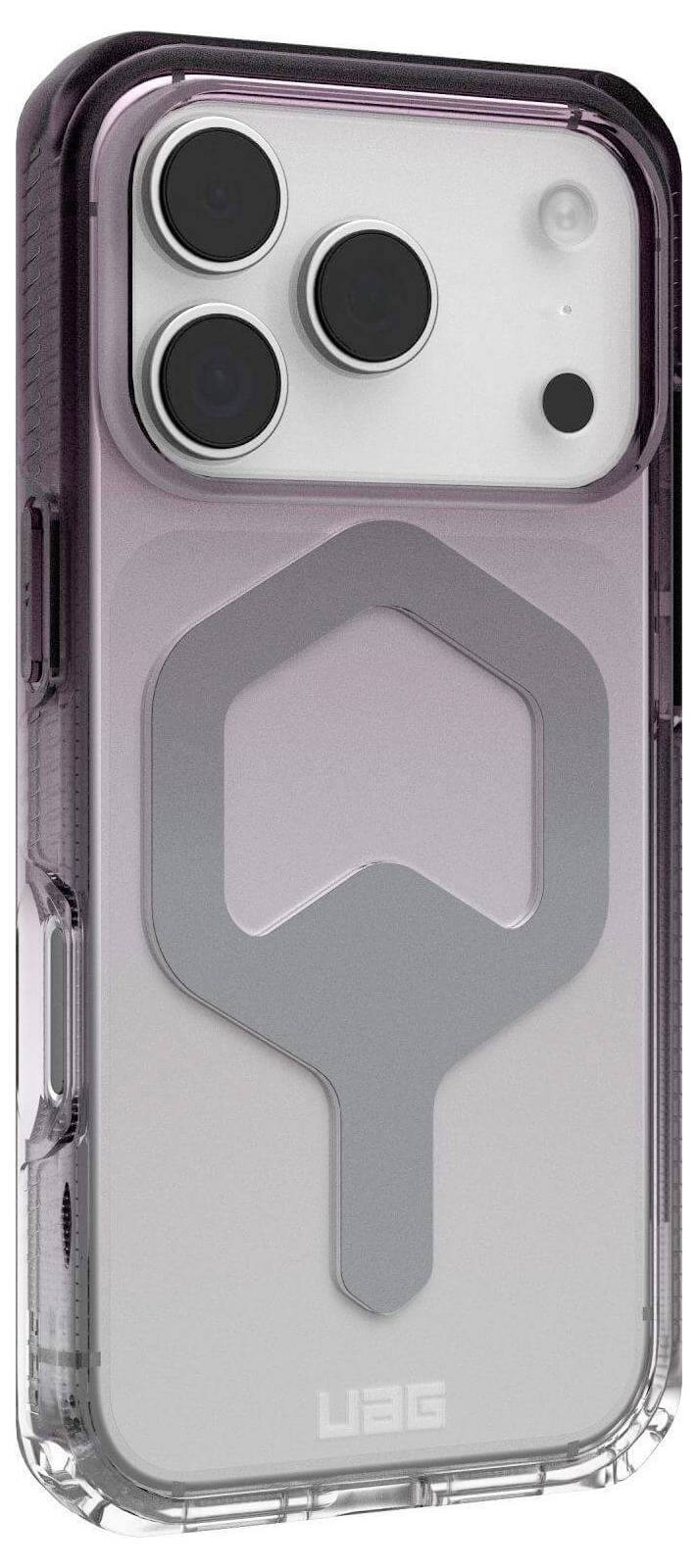 Eine transparente, robuste Smartphone-Hülle mit verstärkten Kanten und einem geometrischen Design auf der Rückseite, die drei Kameraobjektive präsentiert.