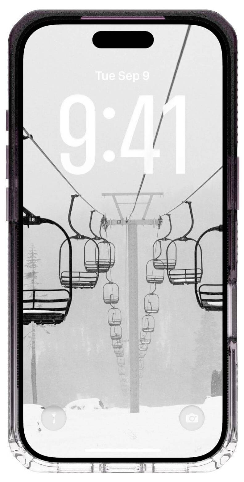 Ein Telefondisplay zeigt ein schwarzweißes Bild eines leeren Skilifts mit schneebedeckten Bäumen im Hintergrund. Die Uhrzeit zeigt '9:41' am Dienstag, 9. September.