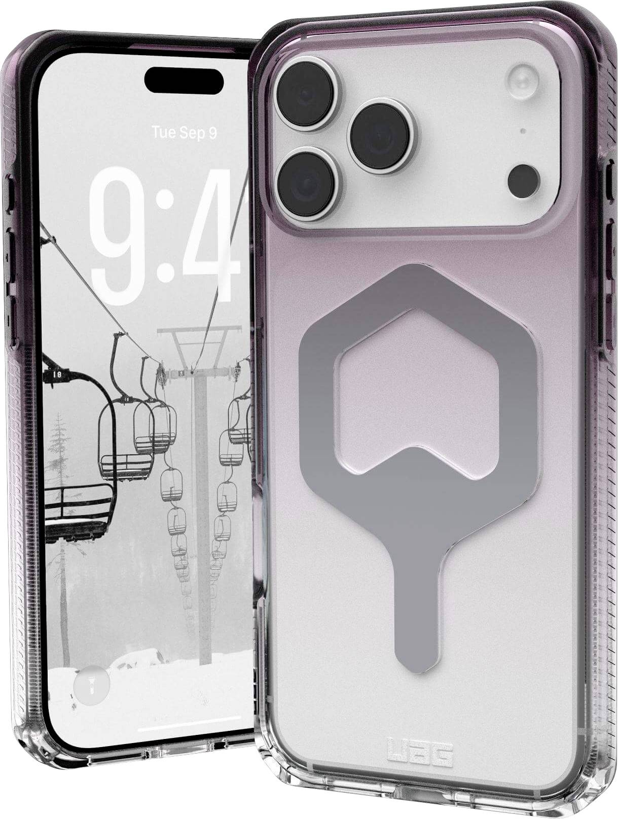 Ein Smartphone mit einer transparenten Schutzhülle, die ein großes, stilisiertes Sechseckdesign auf der Rückseite aufweist. Das Telefon zeigt die Uhrzeit '9:44' und ein monochromes Bild von Skiliften.