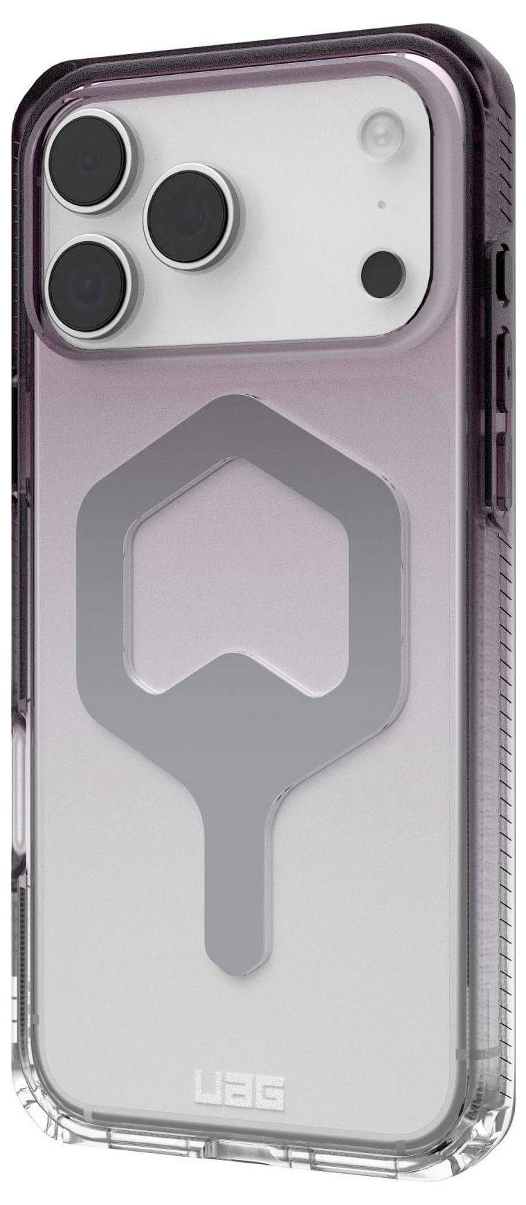 Eine Handyhülle mit transparentem Design und geometrischem Muster, ausgestattet mit drei Kameralinsen und einem Knopf an der Seite.