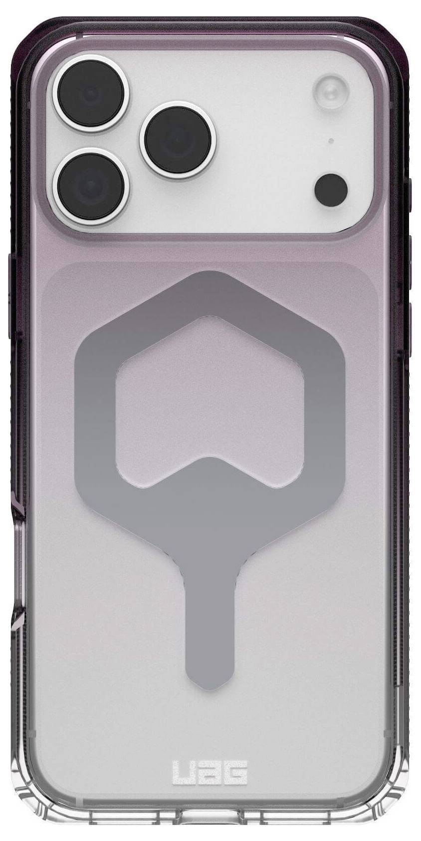 Ein Smartphone in einer Schutzhülle mit drei Kameraobjektiven auf einem weißen Hintergrund, versehen mit einem grauen sechseckigen Design auf der Hülle.