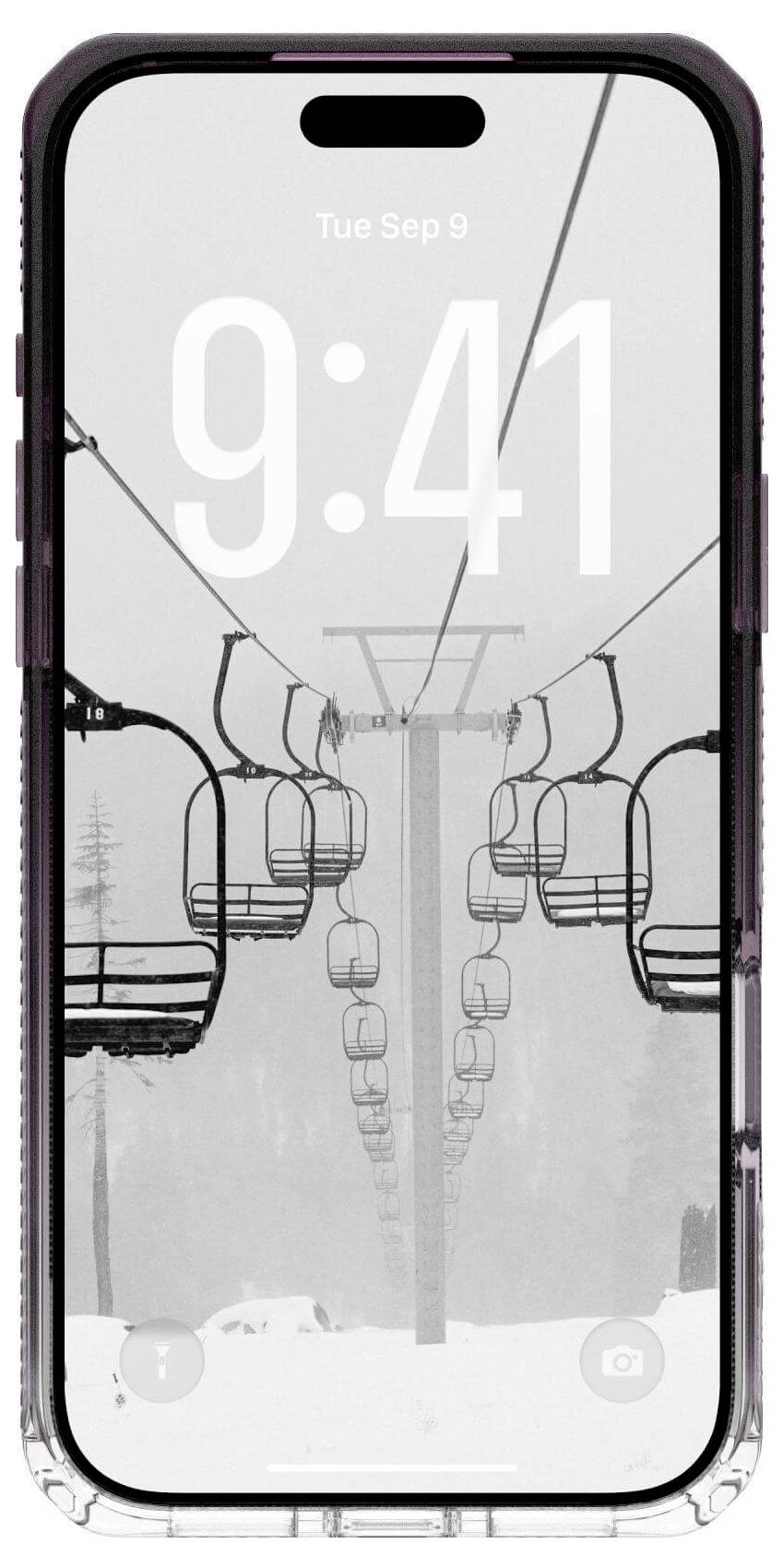 Ein Smartphone-Display zeigt ein Schwarz-Weiß-Bild von leeren Skiliftstühlen in einer verschneiten Landschaft mit der Uhrzeit '9:41' und dem Datum 'Di. 9. Sep'.