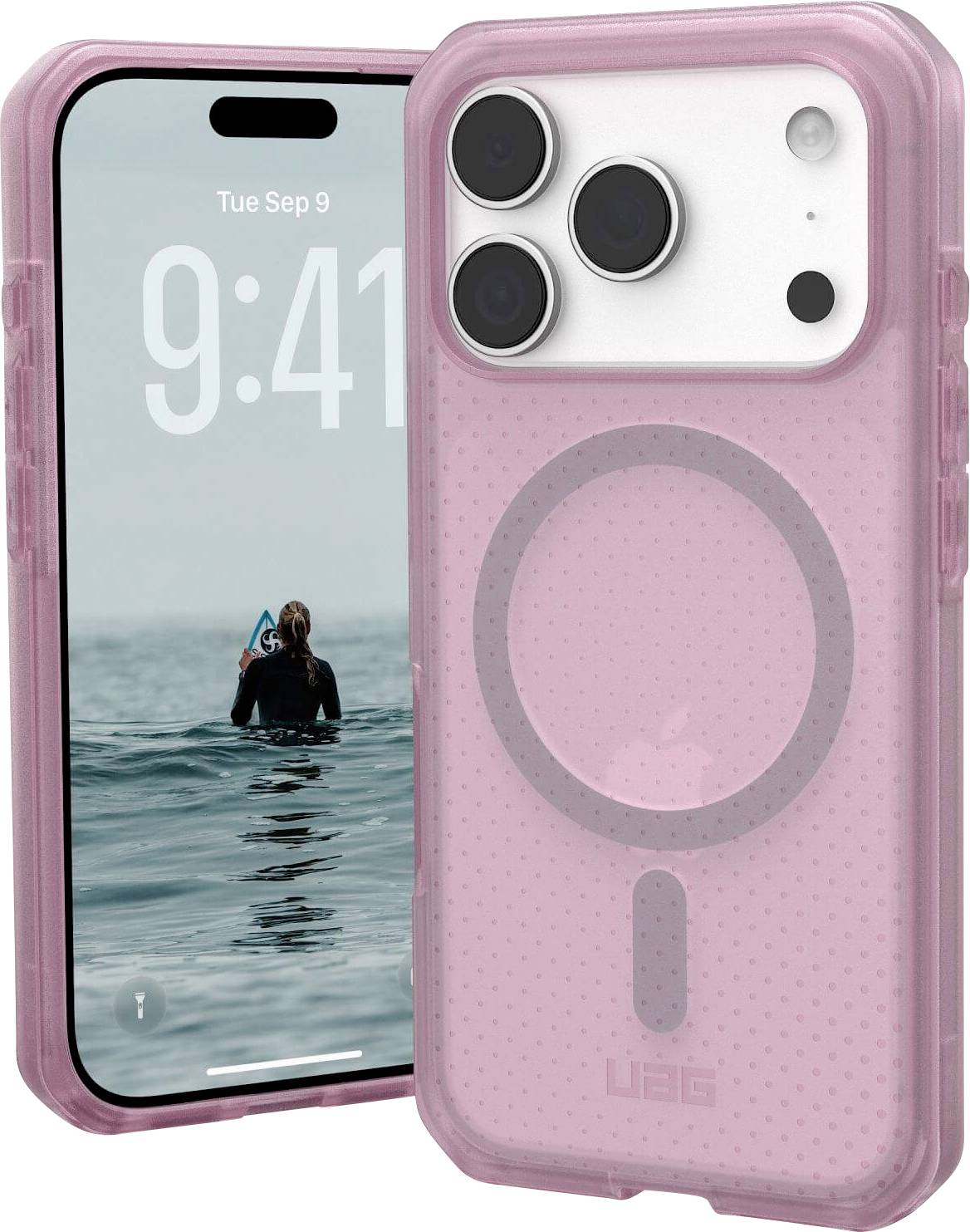 Ein pinker Smartphone-Hülle mit drei Kameraausschnitten liegt auf einem Telefon, das die Uhrzeit 9:41 und das Datum Dienstag, 9. September anzeigt. Ein Schwimmer befindet sich im Ozean.