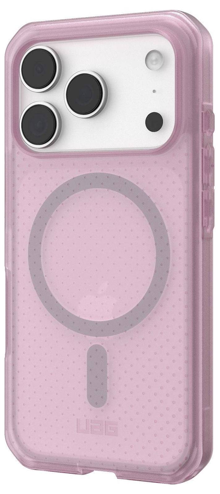 Eine rosa Smartphone-Hülle mit transparenter Rückseite und erhöhten Kanten, mit drei Kameraobjektiv-Öffnungen, entwickelt zum Schutz des Geräts.