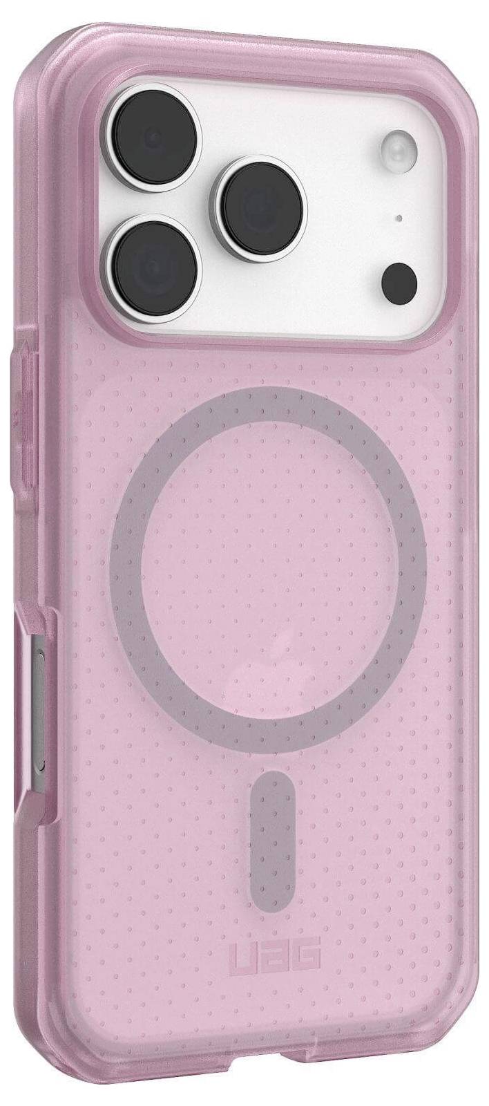 Rosa Handyhülle mit einem kreisförmigen, MagSafe-kompatiblen Design auf der Rückseite, versehen mit verstärkten Kanten und drei Kameraausschnitten.