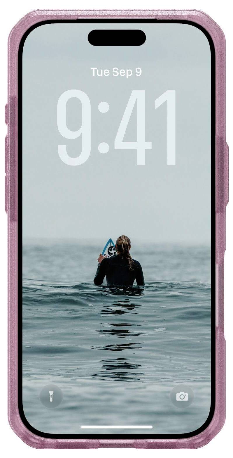 Ein Smartphone zeigt einen Sperrbildschirm mit der Uhrzeit '9:41' und dem Datum 'Di., 9. Sep.' Im Hintergrund ist eine Person zu sehen, die im Ozean surft.