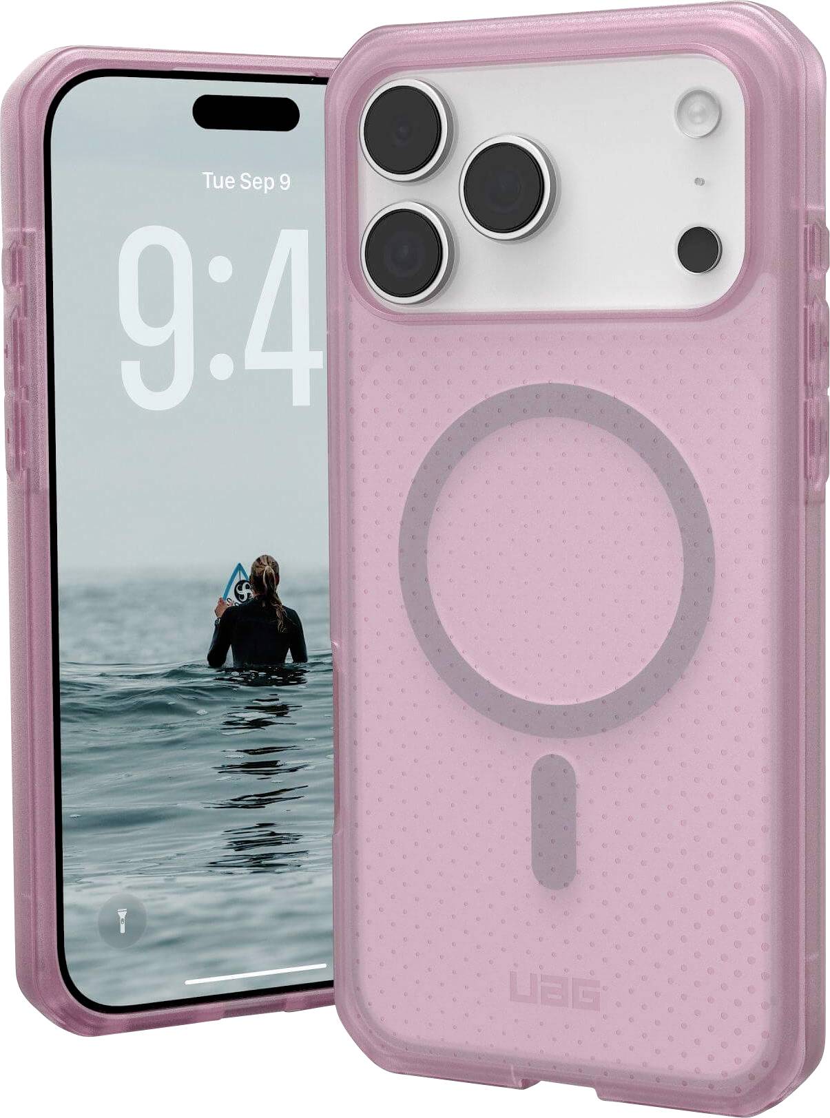 Ein rosa Smartphone-Gehäuse mit einem MagSafe-Ring ist zu sehen, das die Rückseite eines Telefons mit einer Triple-Objektiv-Kamera schützt. Der Bildschirm zeigt Uhrzeit und Datum an.