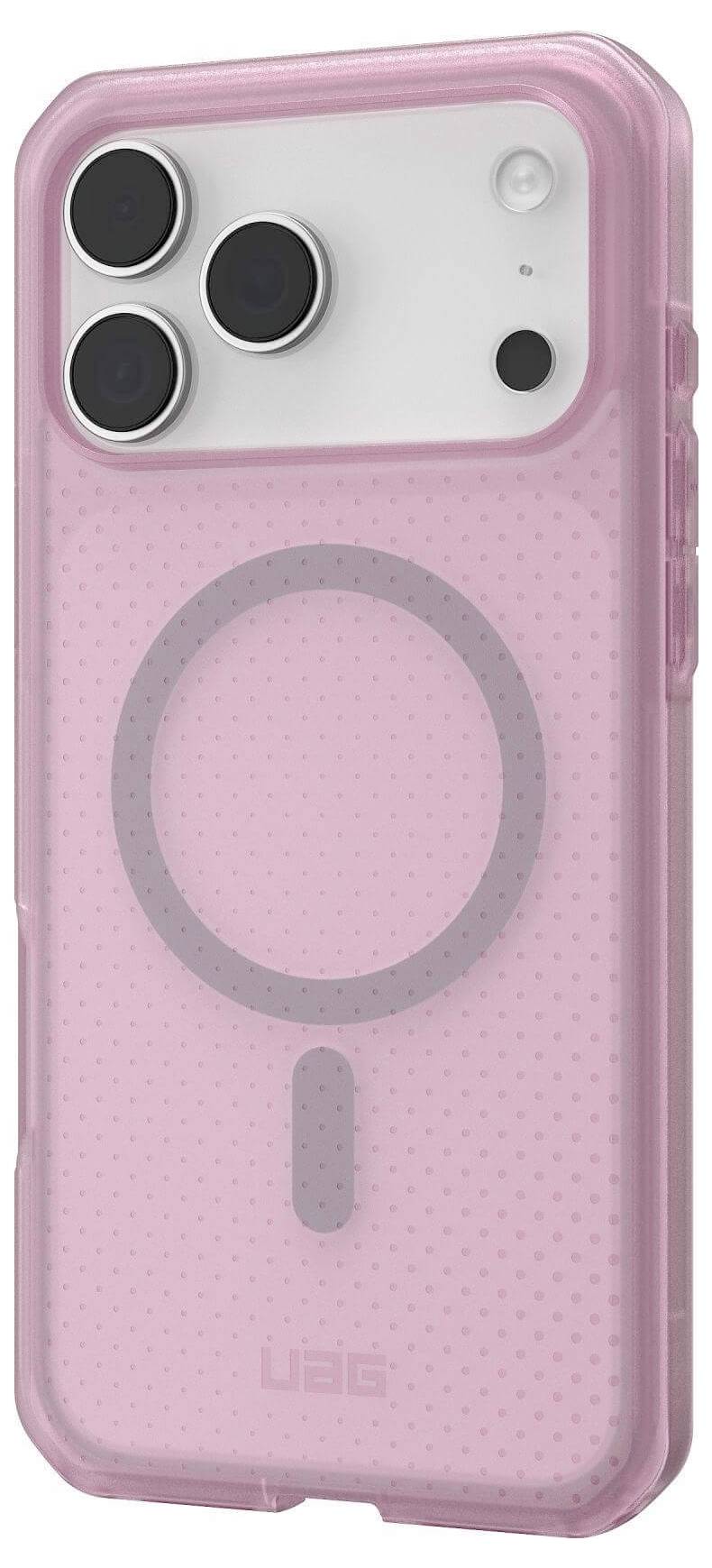 Rosa Smartphone-Hülle mit drei Kameraausschnitten und MagSafe-Ring, die eine transparente gepunktete Textur und verstärkte Schutzecken zeigt.