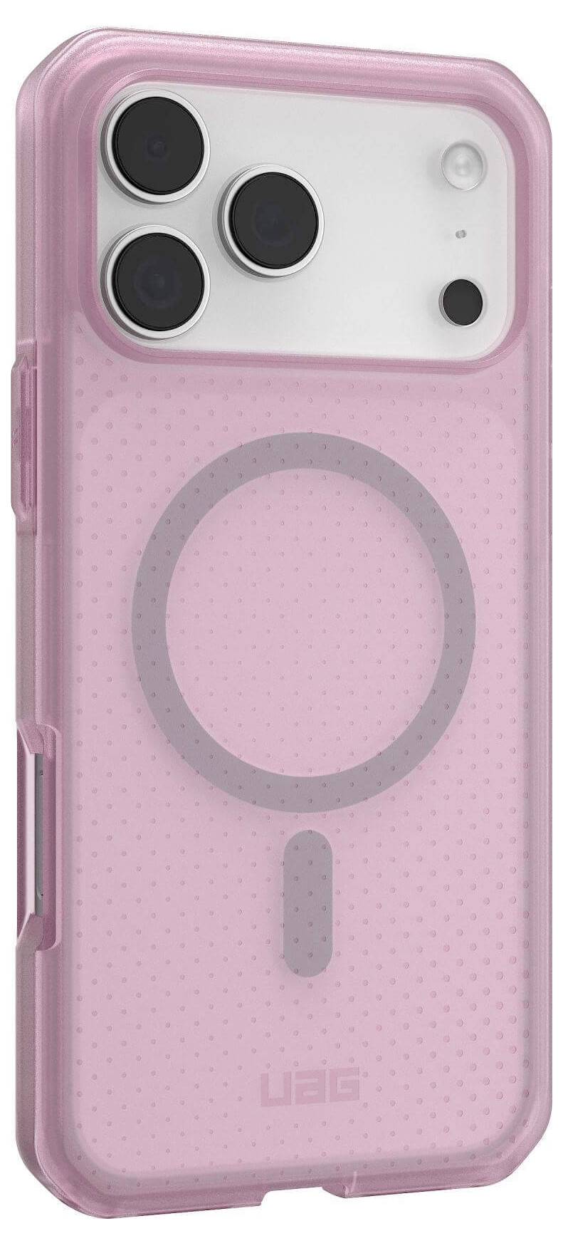 Eine pinke Handyhülle mit transparenter Rückseite, die Smartphone-Kameraausschnitte und ein MagSafe-Design zeigt, mit strukturierten Griffseiten.