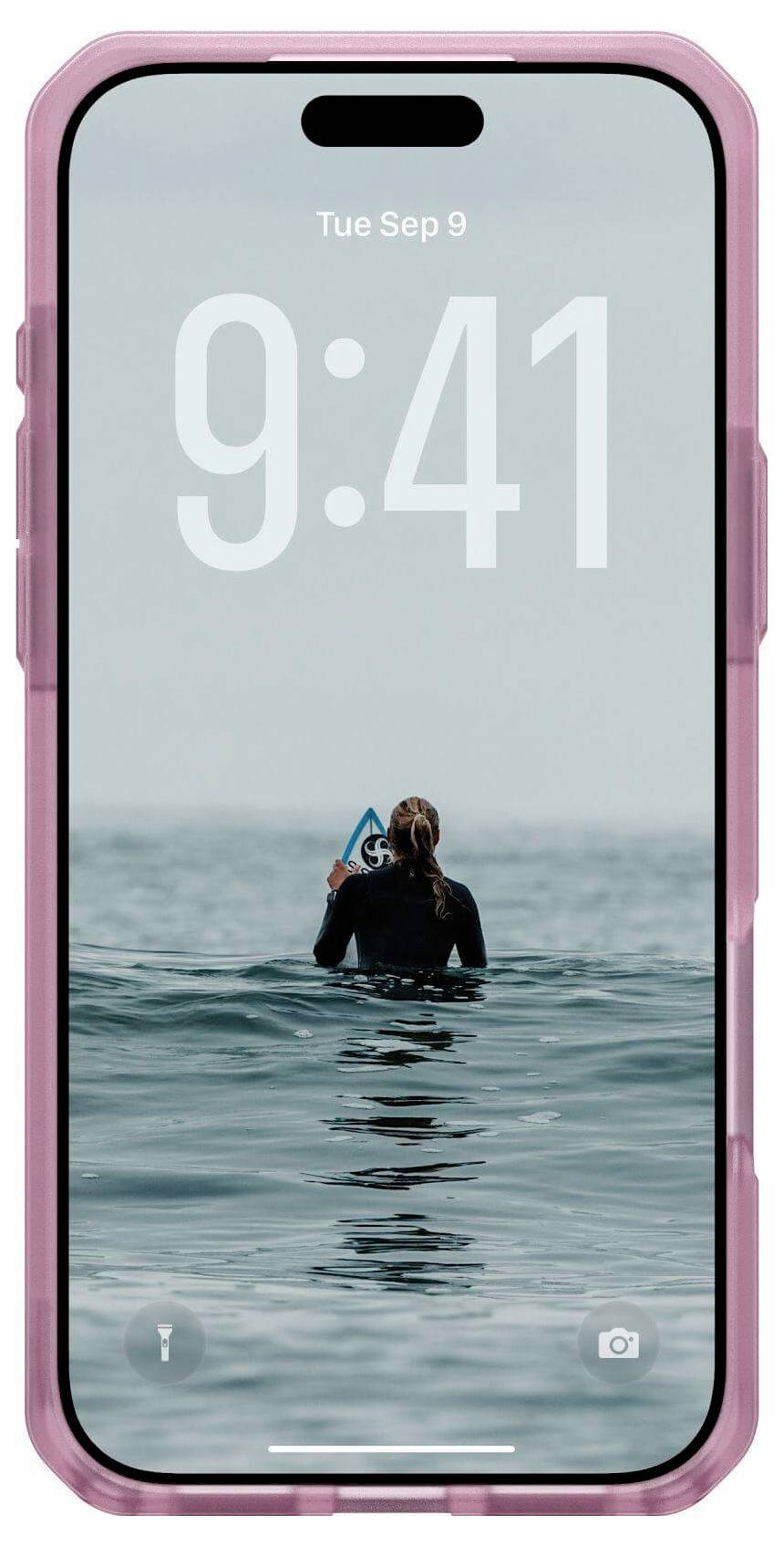 Ein Smartphone mit einer rosafarbenen Hülle zeigt einen Sperrbildschirm mit der Aufschrift 