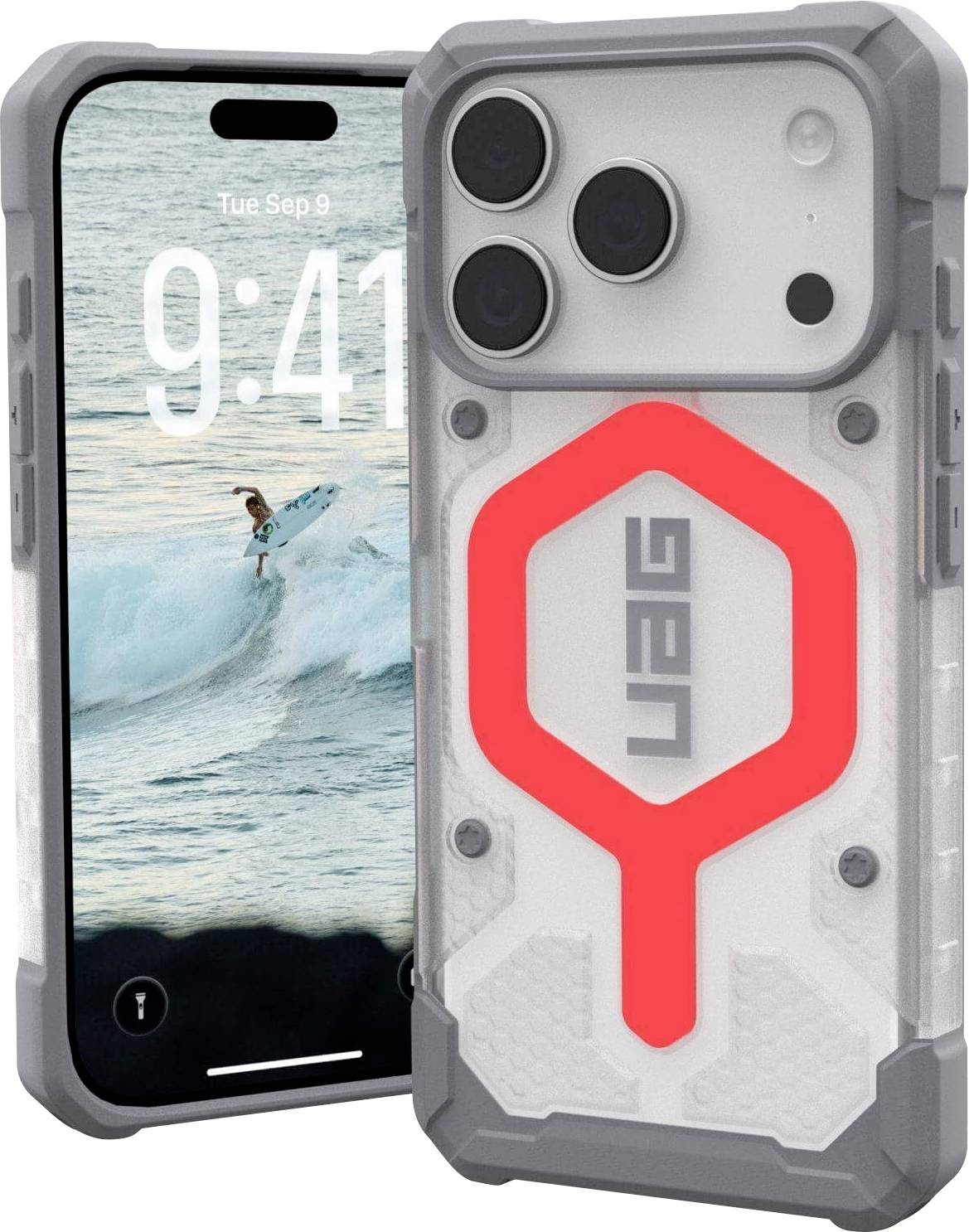 Ein Smartphone mit einem Display, das einen Surfer zeigt, der auf einer Welle reitet. Das Handy ist in einem robusten grauen und halbtransparenten Gehäuse mit einem roten 'UAG' Logo untergebracht.
