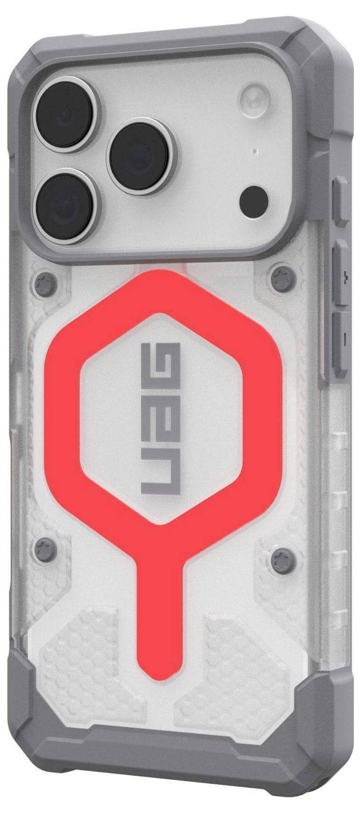 Eine robuste Handyhülle mit transparenter Rückseite, grauen Kanten und einem auffälligen roten UAG-Logo, entwickelt zum Schutz eines Smartphones mit Drei-Linsen-Kamera.