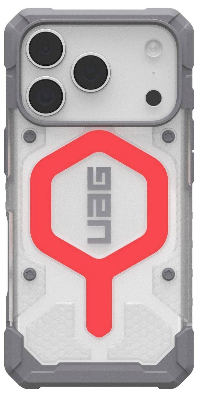 Robustes Smartphone-Gehäuse mit drei Kameraausschnitten und einem kühnen roten geometrischen Design; entwickelt für Schutz und Stil.