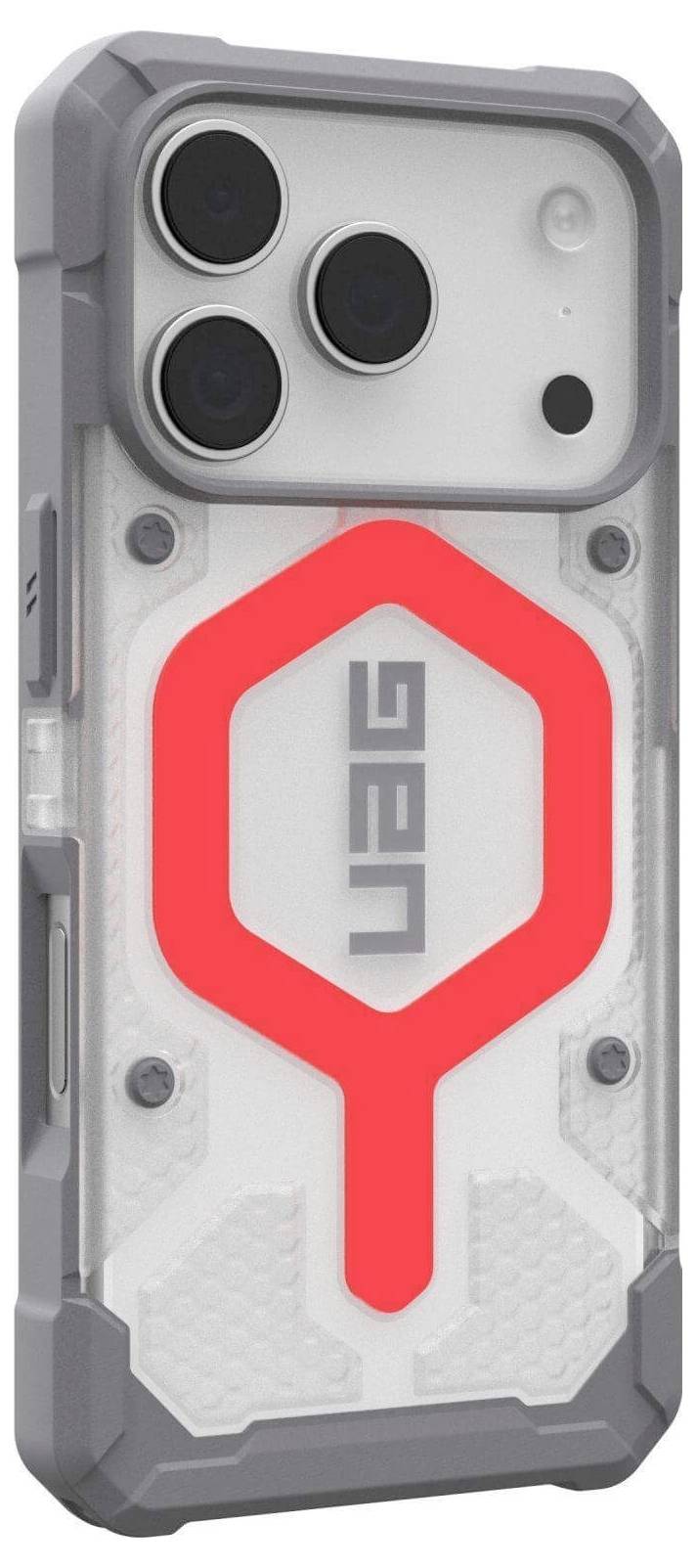 Ein robustes Smartphone-Gehäuse mit einem grauen und roten Design, das ein auffälliges rotes Hexagonmuster und die Buchstaben 'UAG' in der Mitte aufweist.