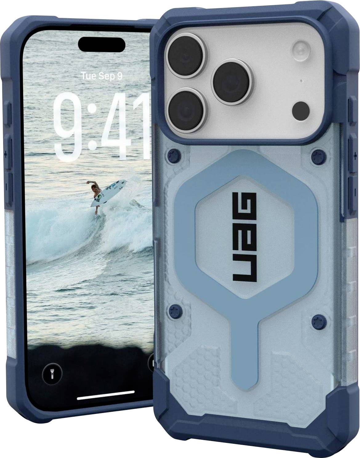 Ein robustes, blaues UAG-Smartphone-Gehäuse ist um ein Telefon gelegt, das ein Bild eines Surfers zeigt, der eine Welle reitet, mit dem Datum 