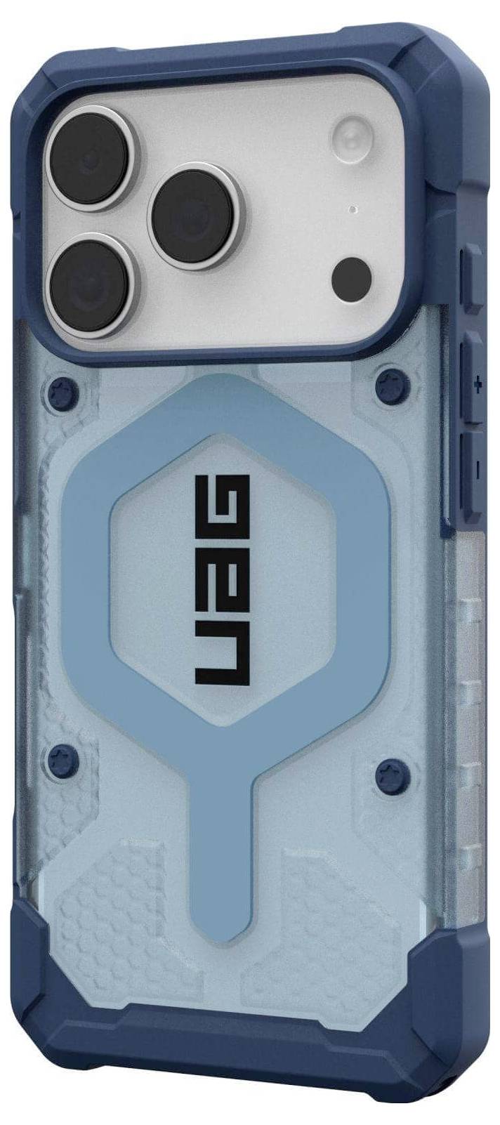 Eine blaue und transparente robuste Handyhülle, die für ein Smartphone mit Triple-Kamera entwickelt wurde, mit einem 'UAG' Logo.