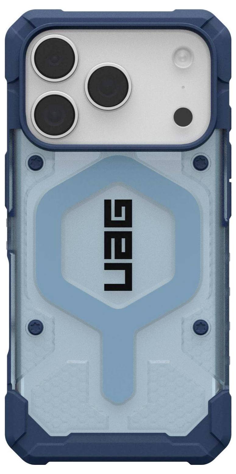 Ein Smartphone mit einem robusten blauen UAG-Gehäuse, das ein Wabenmuster und markante Kameraausschnitte aufweist.