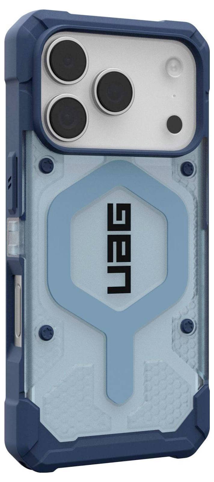 Ein blauer und durchsichtiger Smartphone-Hülle mit robustem Design, die ein charakteristisches Sechseckenmuster und das 'UAG'-Logo auf der Rückseite aufweist.