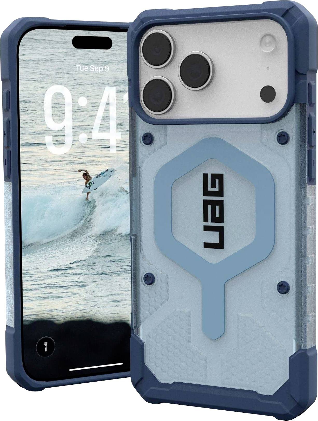Ein Smartphone in einem robusten blauen Gehäuse. Das Gehäuse hat ein widerstandsfähiges Design mit dem Markenlogo auf der Rückseite. Der Bildschirm des Telefons zeigt einen Surfer, der auf einer Welle reitet.